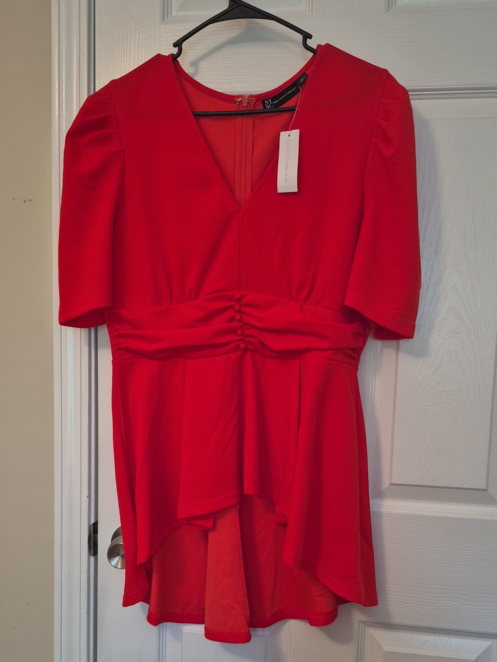 New York & Company Red V-Neck Peplum Blouse